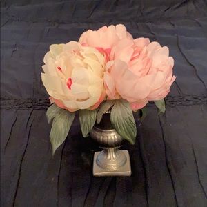 Pink and White Faux Peonies in Silver Stand